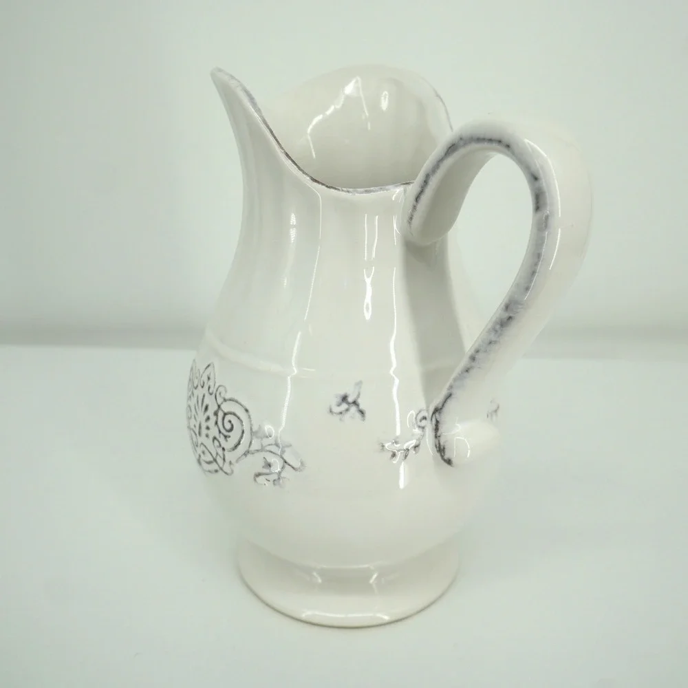 Ceramic Pitcher White Purple Filigree Farmhouse Decor Vase